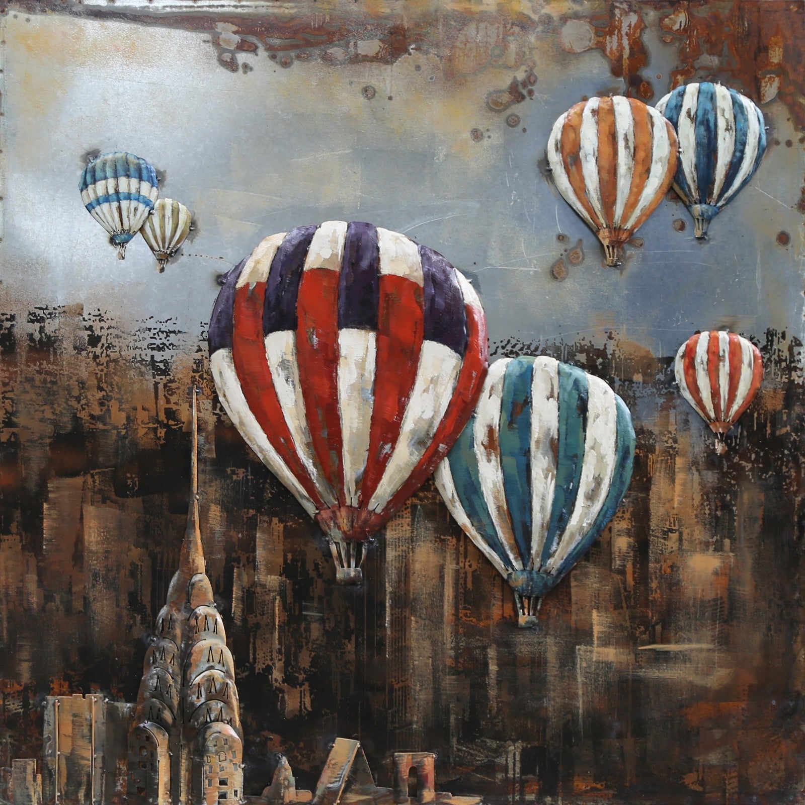 Original Acrylic Painting on Metal Canvas, Hot Air Balloons Over New York, Art
