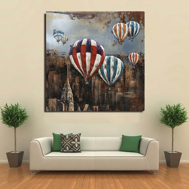 Original Acrylic Painting on Metal Canvas, Hot Air Balloons Over New York, Art