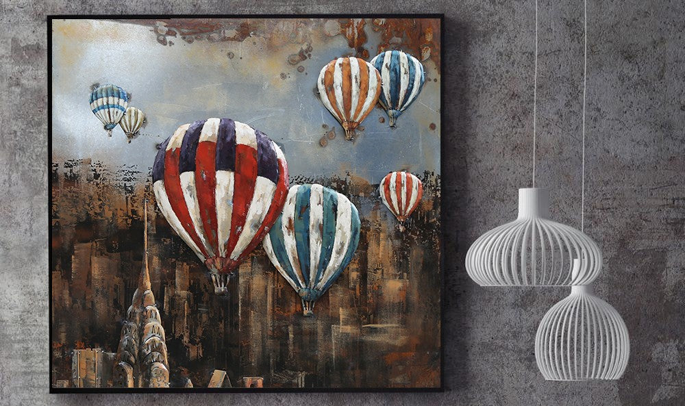 Original Acrylic Painting on Metal Canvas, Hot Air Balloons Over New York, Art