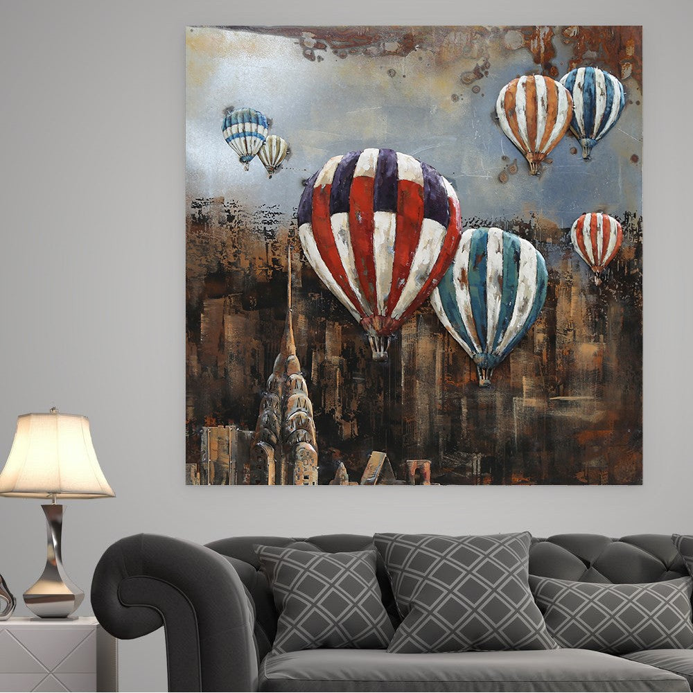 Original Acrylic Painting on Metal Canvas, Hot Air Balloons Over New York, Art