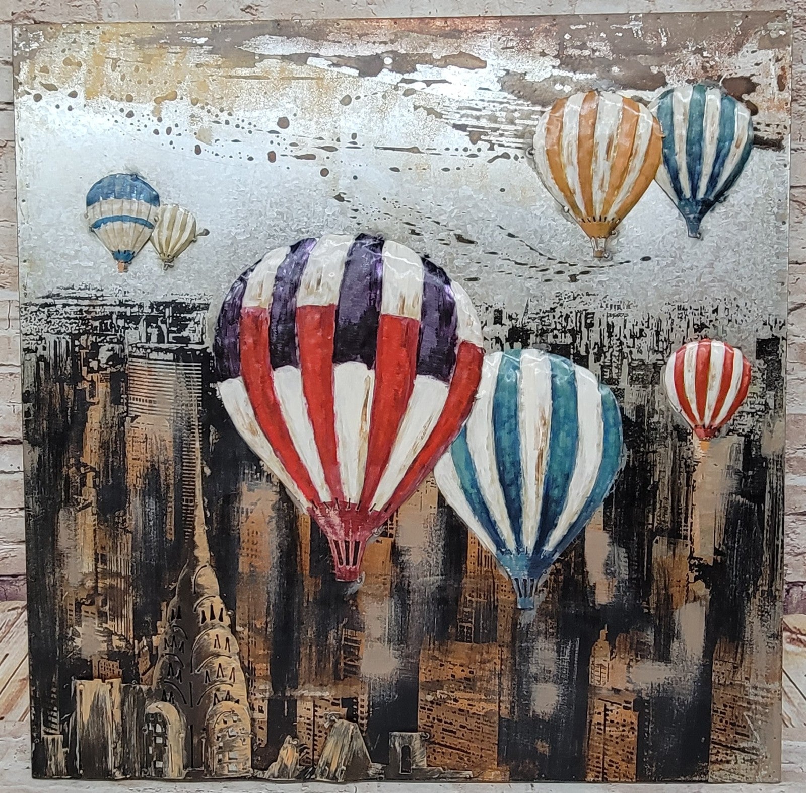 Original Acrylic Painting on Metal Canvas, Hot Air Balloons Over New York, Art