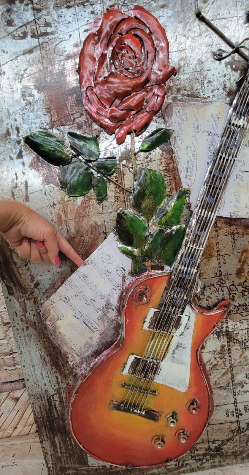 Rose Bloom flower on Guitar Painting in Color Birthday Anniversary 3-D Artwork