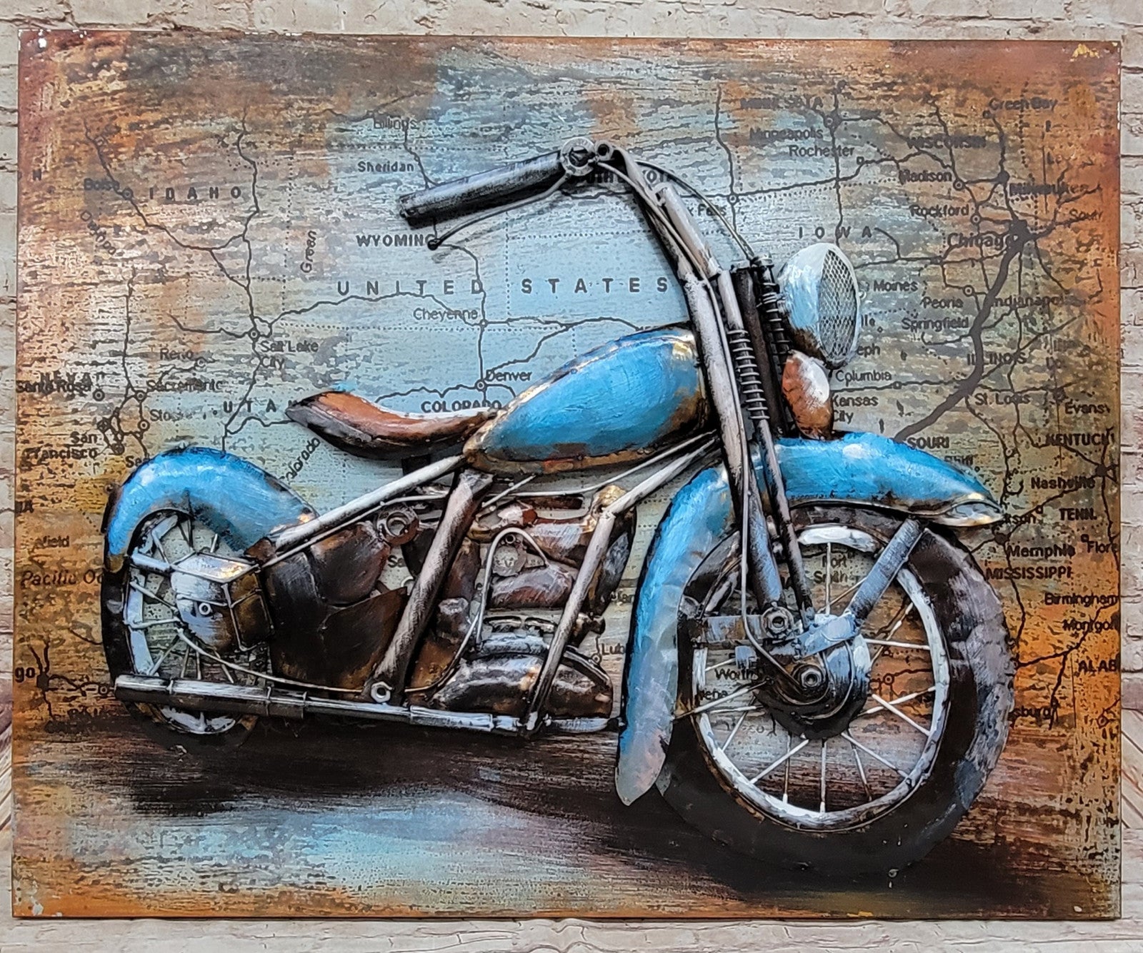 Hand Made Motorcycle Wall Art Metal Canvas Painting Rustic Landscape Decor