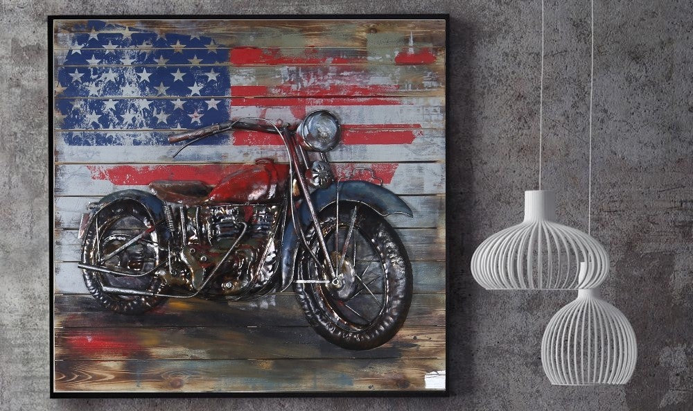 "Motorcycle 1" Harley Davidson Mixed Media Hand Painted Iron Wall Sculpture