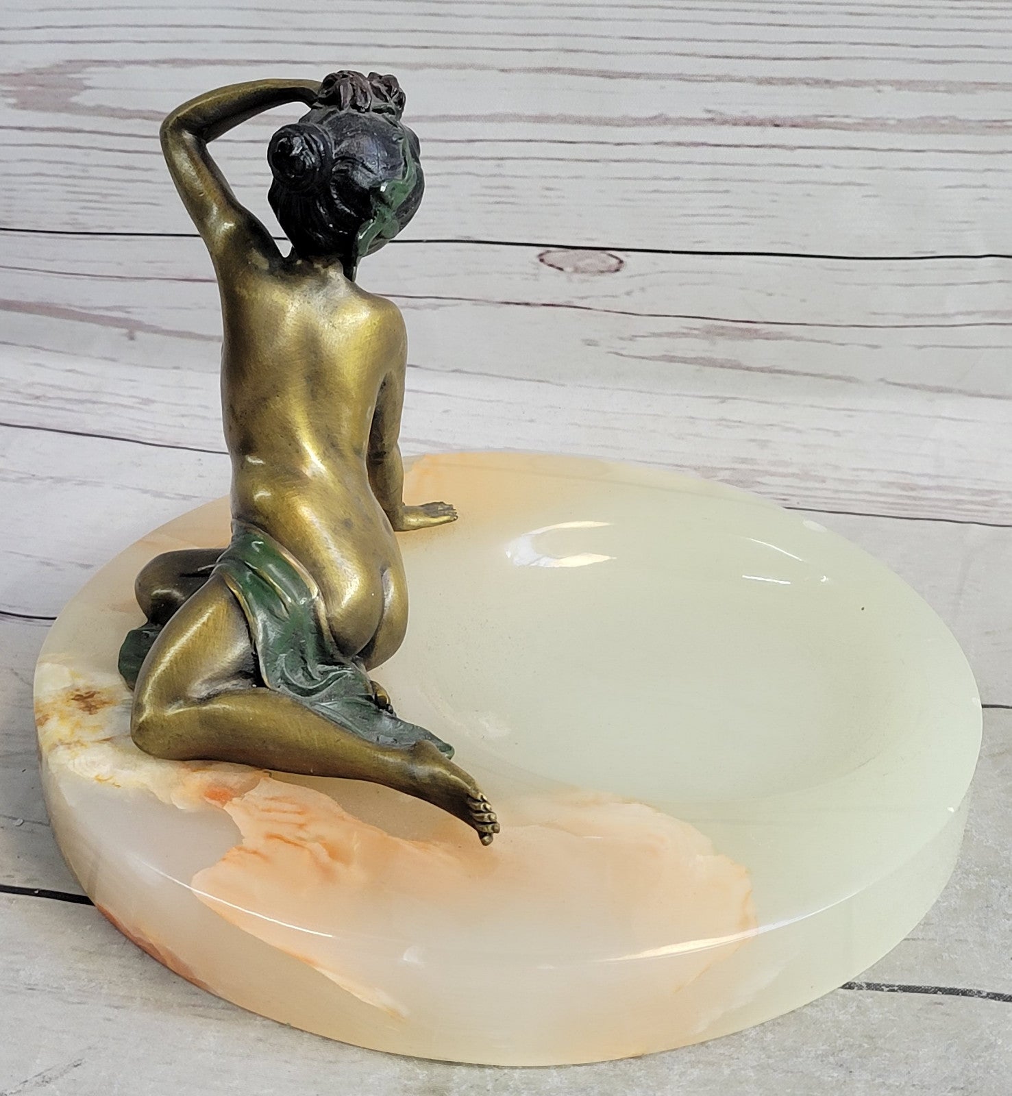 Milo Art Deco Nude Lady Bronze Ashtray Onyx Base Erotic Female Sculpture