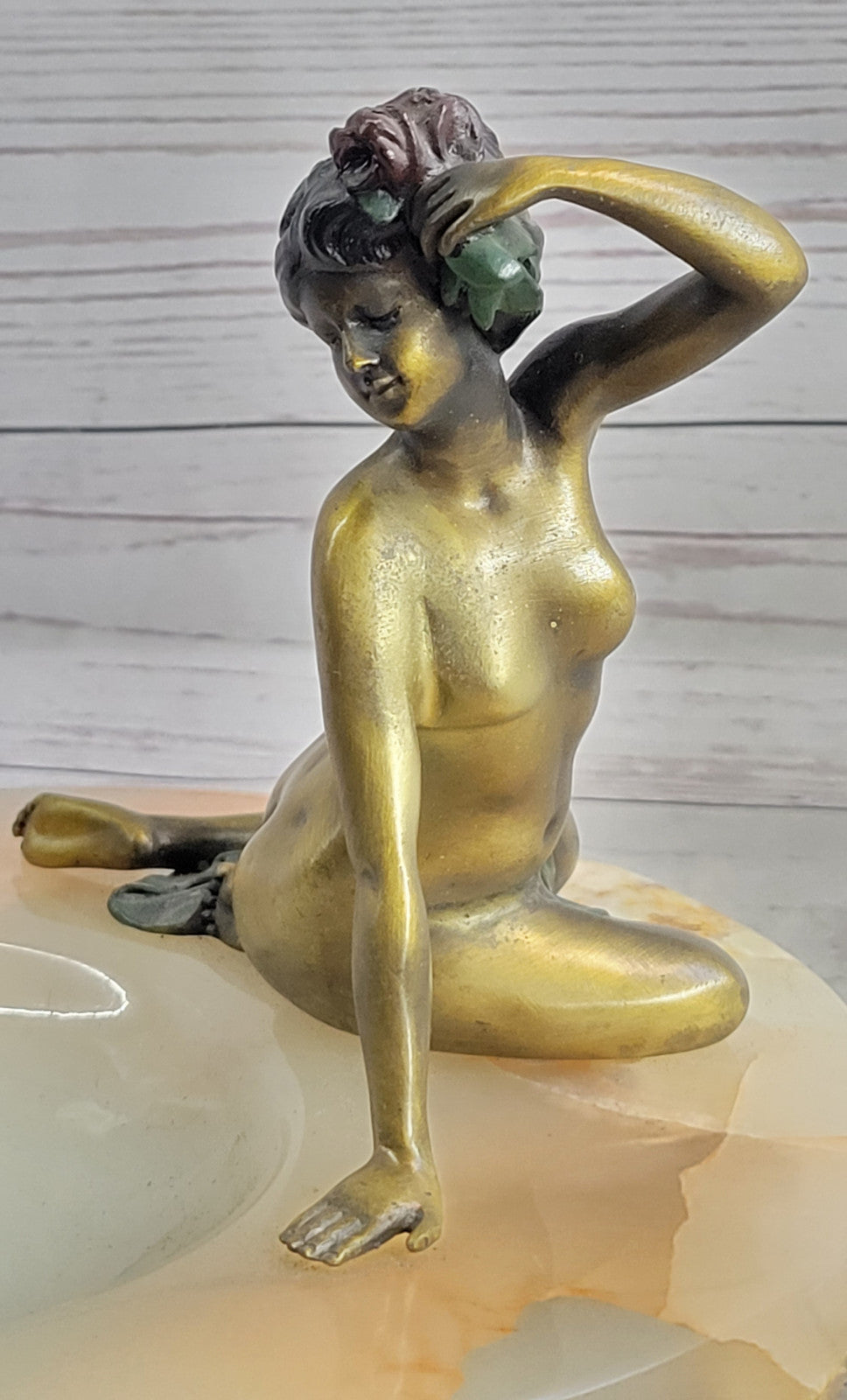 Milo Art Deco Nude Lady Bronze Ashtray Onyx Base Erotic Female Sculpture