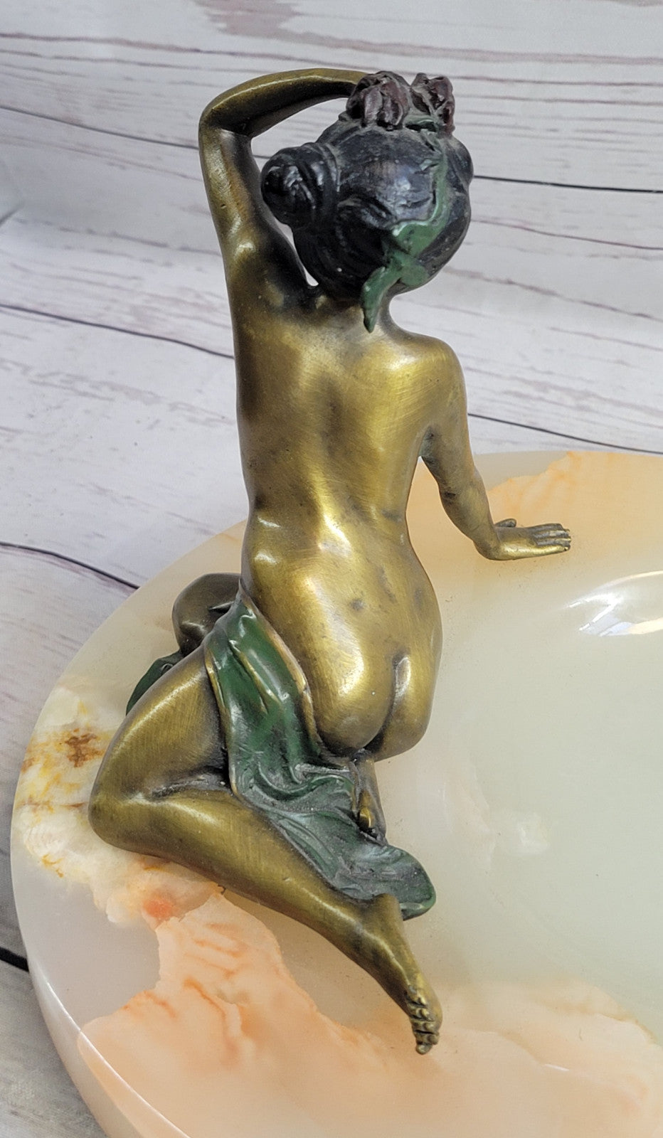 Milo Art Deco Nude Lady Bronze Ashtray Onyx Base Erotic Female Sculpture