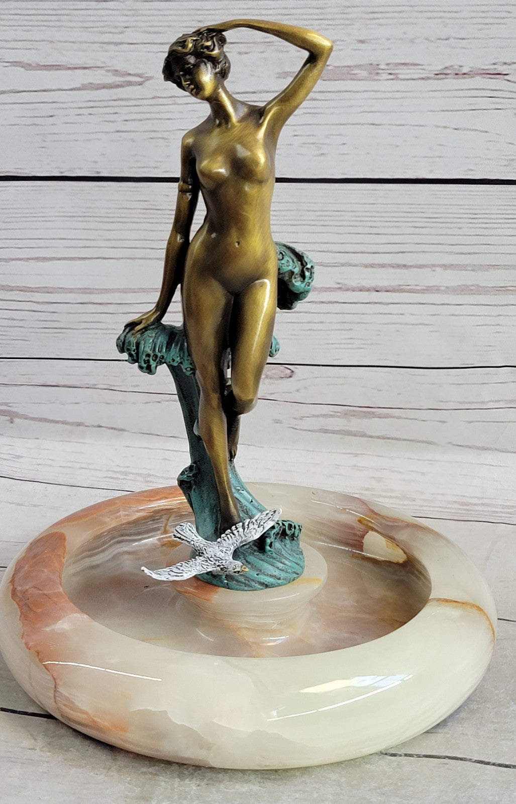 Miguel Lopez Original Nude Girl Onyx Base Bronze Ashtray Art Deco Sculpture