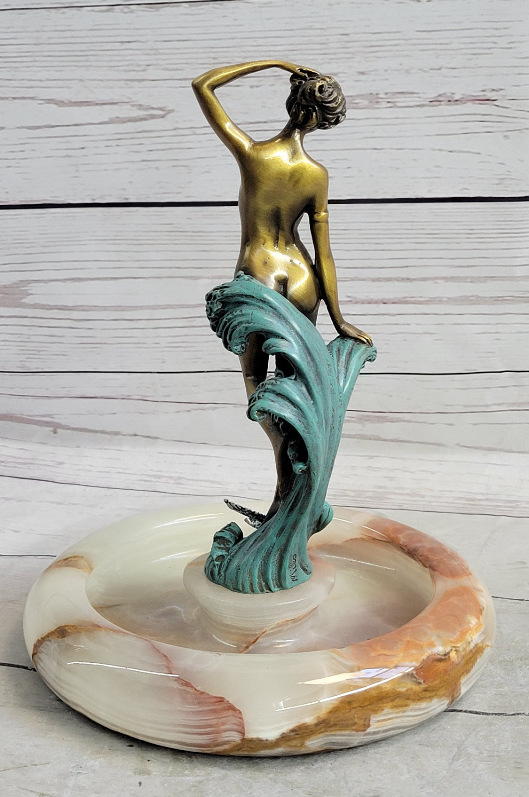 Miguel Lopez Original Nude Girl Onyx Base Bronze Ashtray Art Deco Sculpture