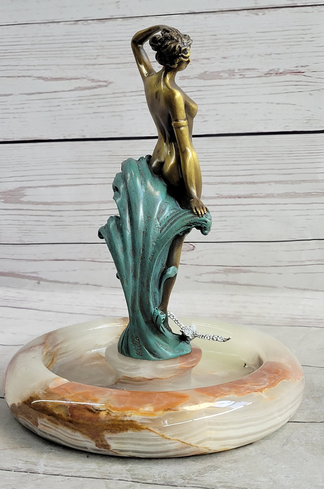Miguel Lopez Original Nude Girl Onyx Base Bronze Ashtray Art Deco Sculpture