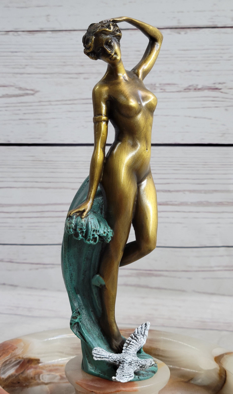 Miguel Lopez Original Nude Girl Onyx Base Bronze Ashtray Art Deco Sculpture