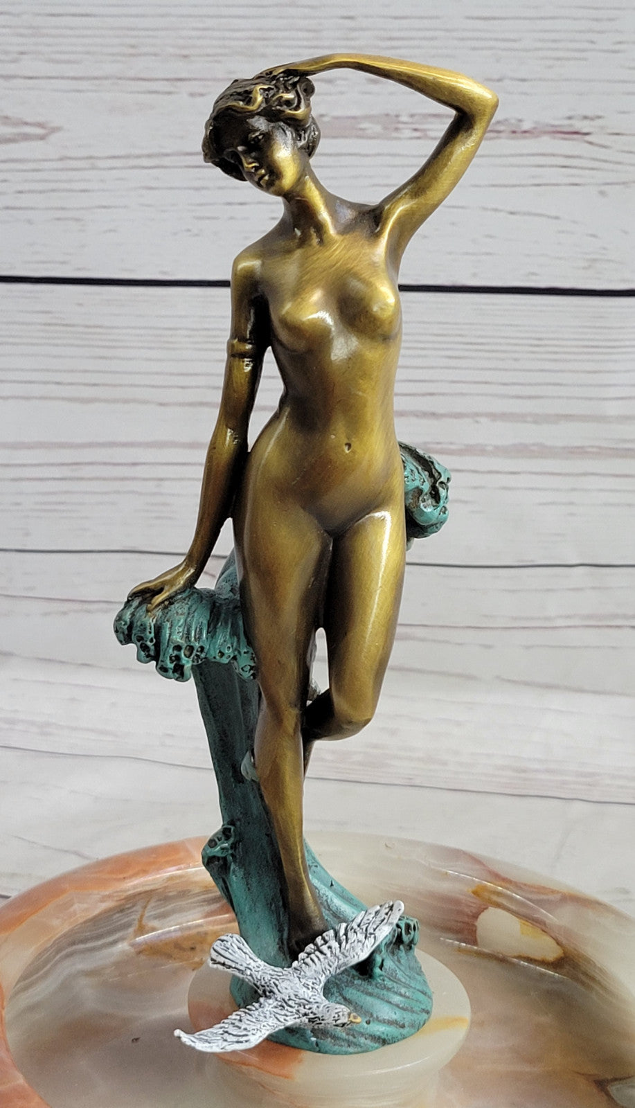 Miguel Lopez Original Nude Girl Onyx Base Bronze Ashtray Art Deco Sculpture
