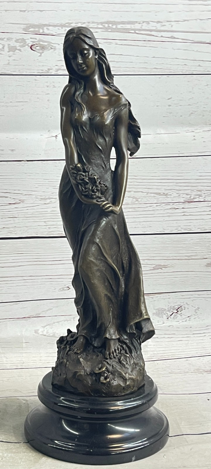 Museum-Quality Artwork: Gorgeous Maiden with Flower, Handmade Bronze Sculpture by Milo