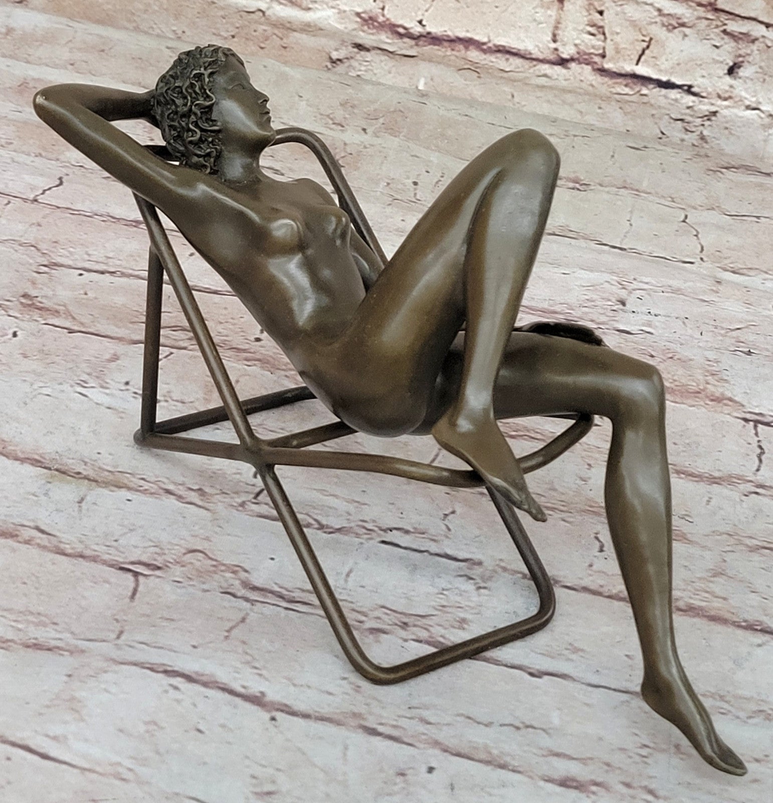 Lost Wax Method Sculpture: Nude Woman Relaxing on Beach Chair