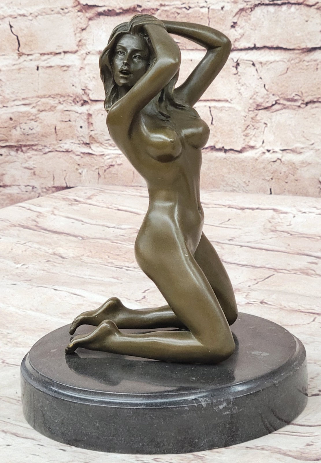 Signed Real Bronze on Marble Base Bookend Sculpture Nude Girl Exposed Breasts