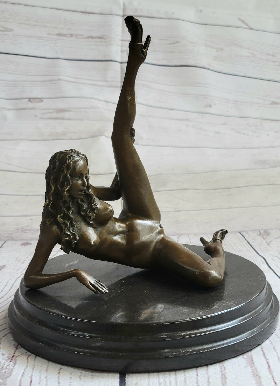 Handcrafted Nude Woman Exposing Herself Bronze Sculpture Marble Base Figurine