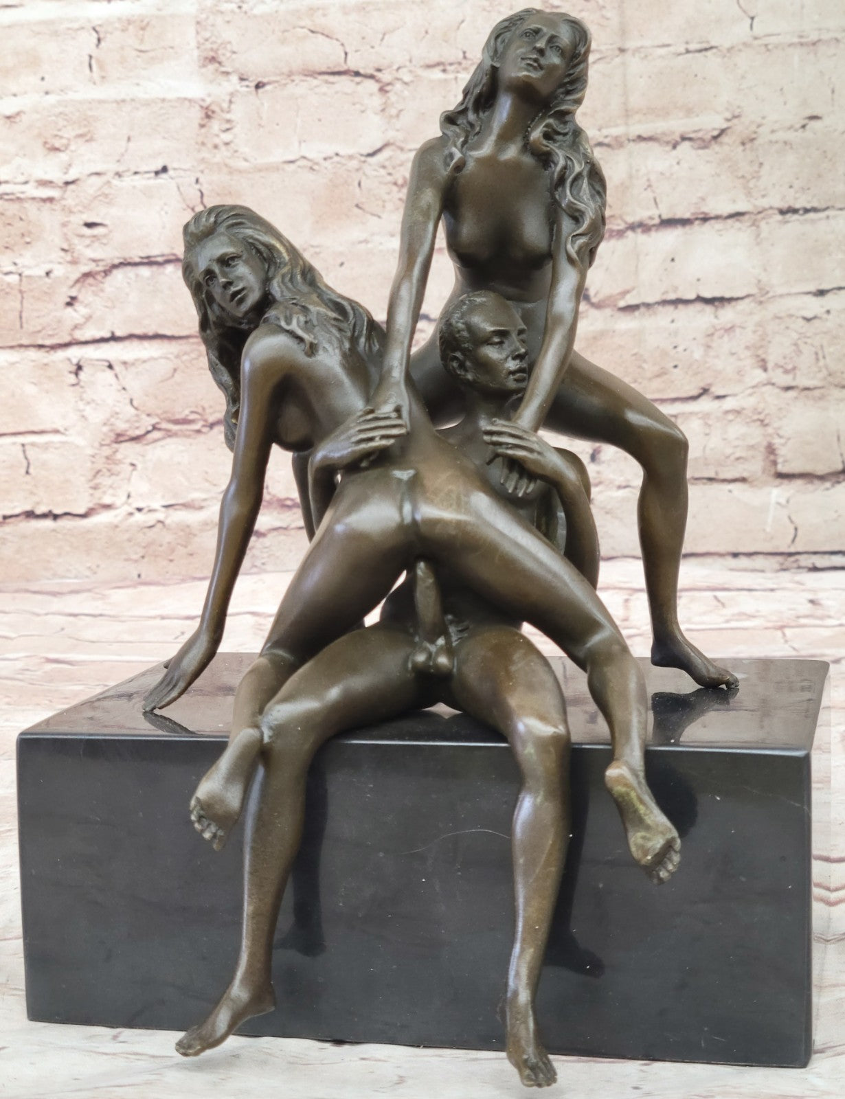 NUDE SOLID BRONZE TRIPLE FIGURINE SCULPTURE SET GROUPS EROTIC CLASSIC ARTWORK FIGURE