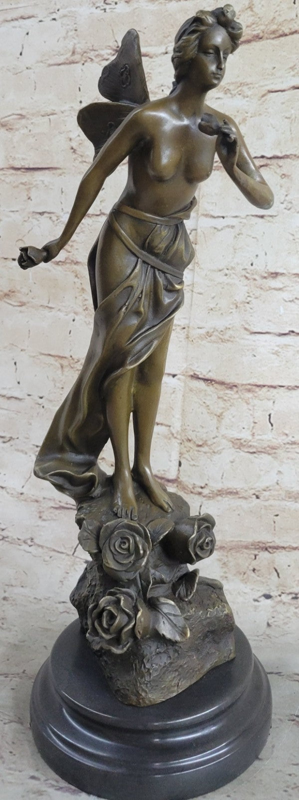 Bronze Fairy Angel Flowers Statue Sculpture Collectible Signed Classic Artwork