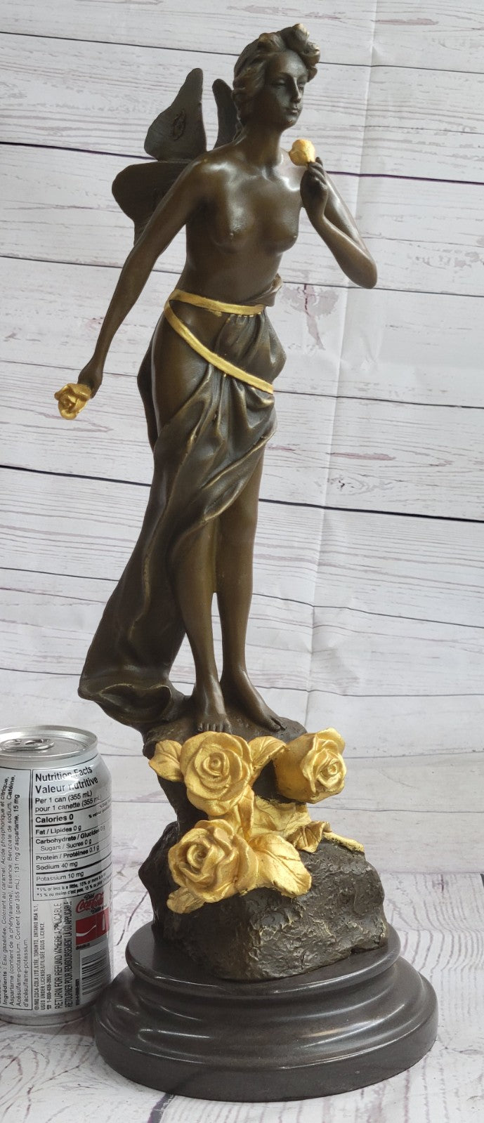 Nude Winged Fairy Angel with Gold Patina Holding Flower Bronze Sculpture