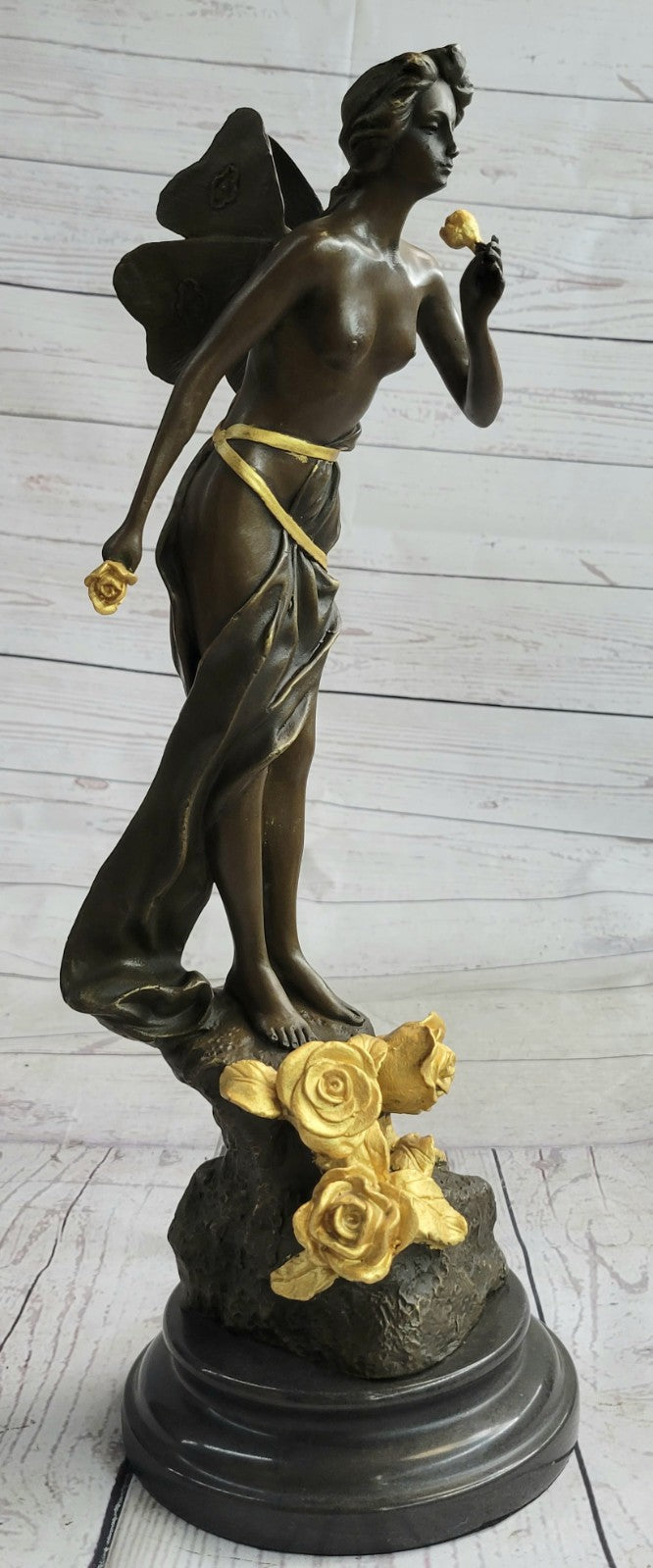 Nude Winged Fairy Angel with Gold Patina Holding Flower Bronze Sculpture