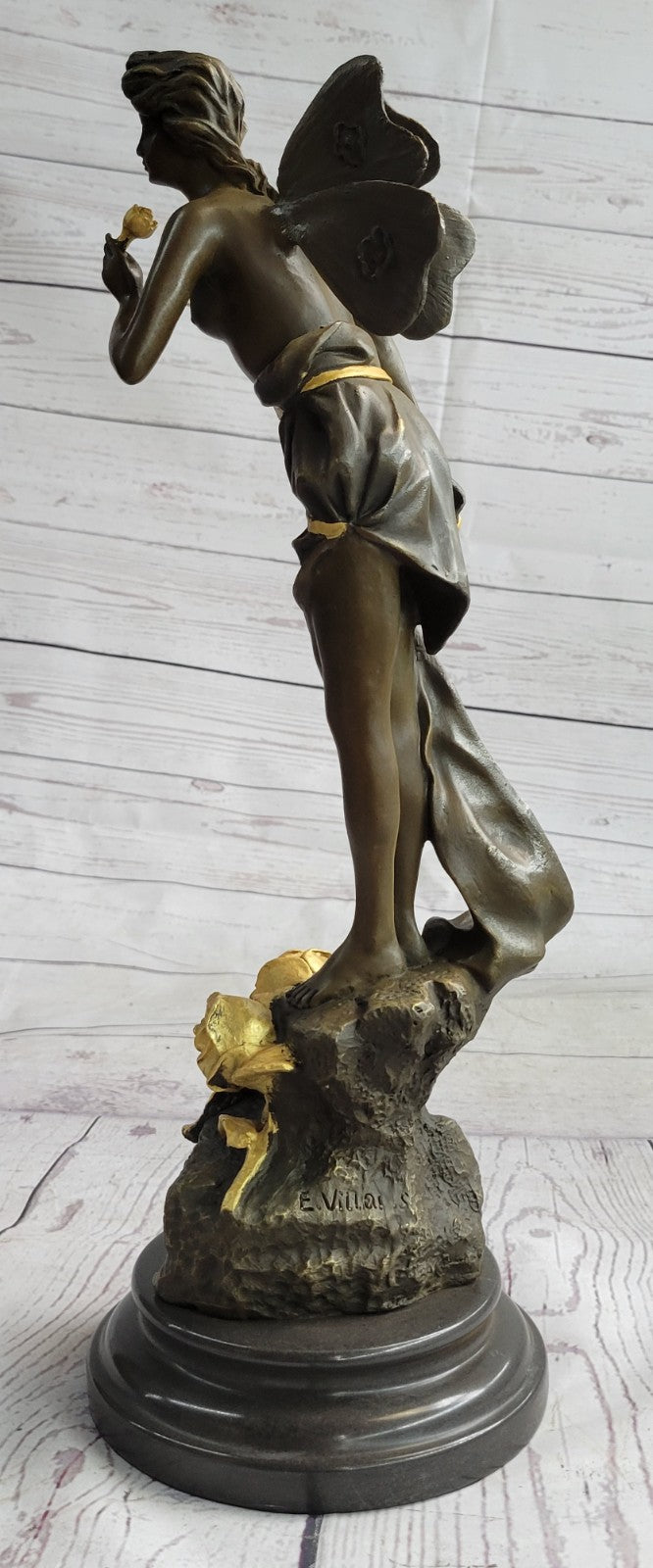 Nude Winged Fairy Angel with Gold Patina Holding Flower Bronze Sculpture