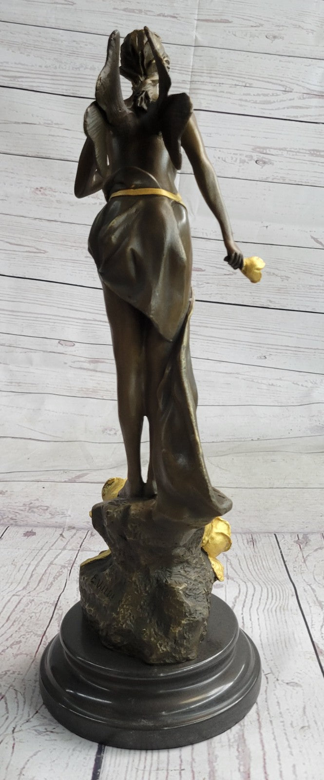 Nude Winged Fairy Angel with Gold Patina Holding Flower Bronze Sculpture