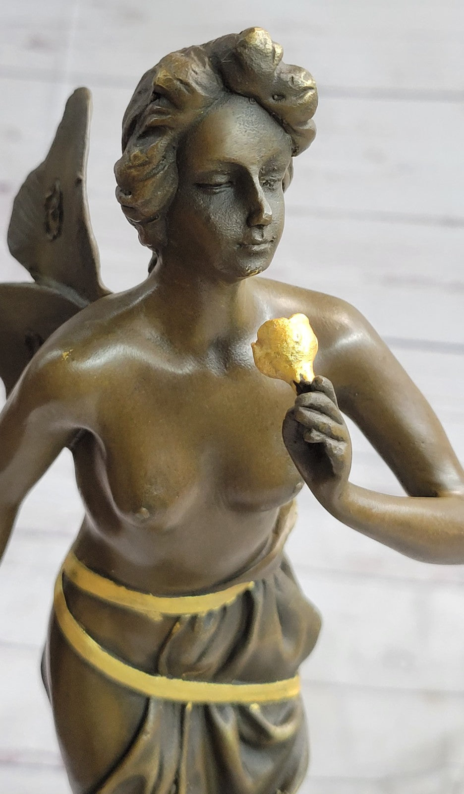 Nude Winged Fairy Angel with Gold Patina Holding Flower Bronze Sculpture