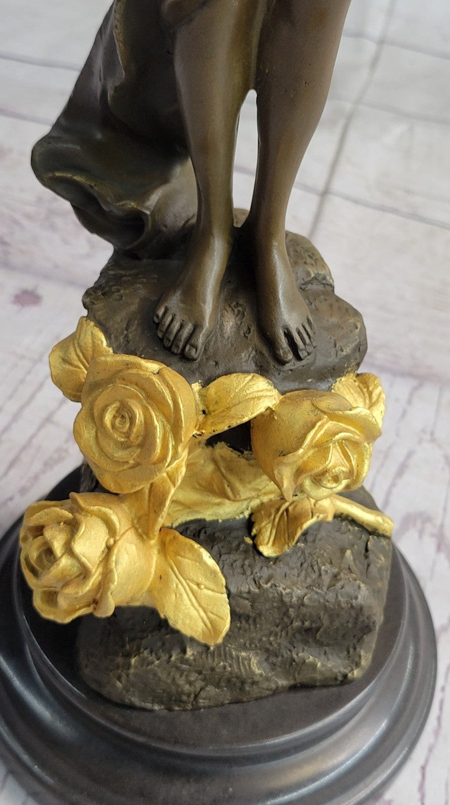 Nude Winged Fairy Angel with Gold Patina Holding Flower Bronze Sculpture
