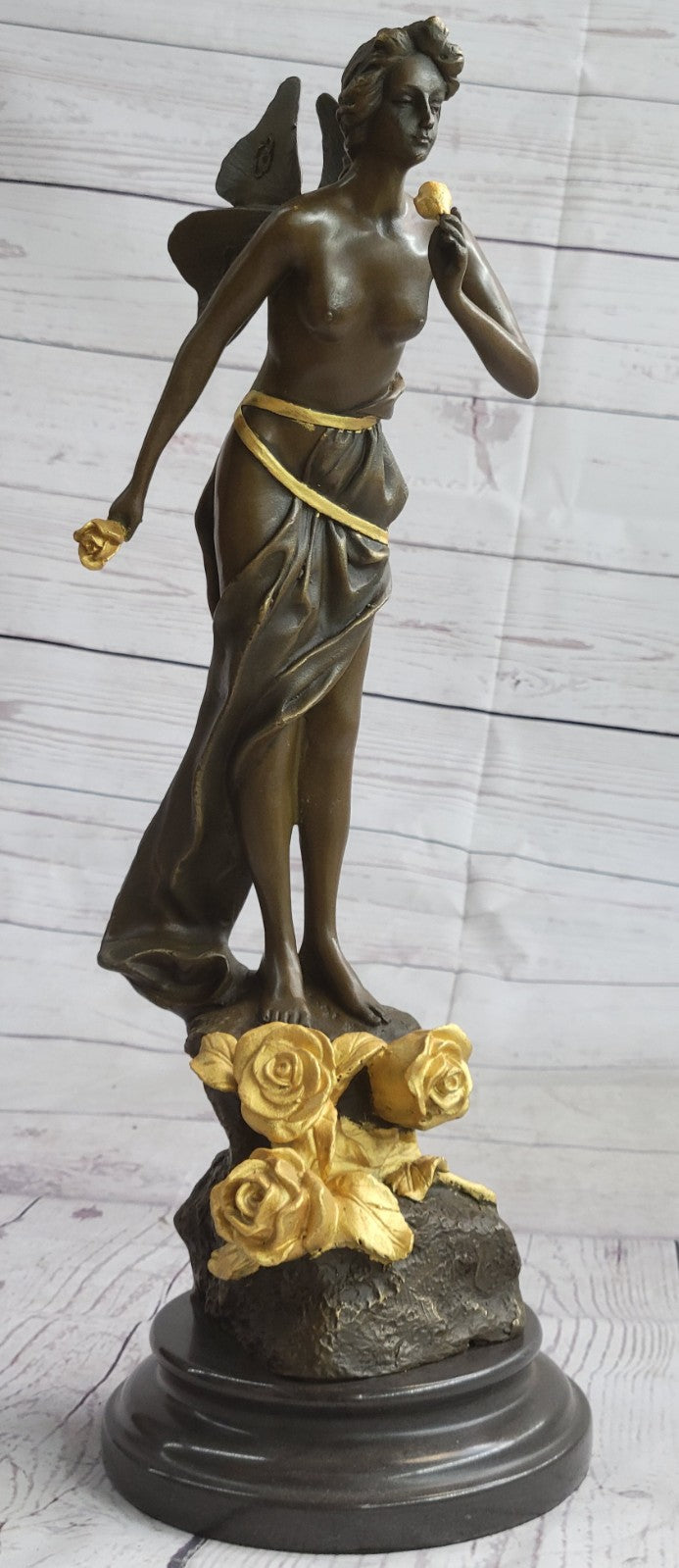 Nude Winged Fairy Angel with Gold Patina Holding Flower Bronze Sculpture