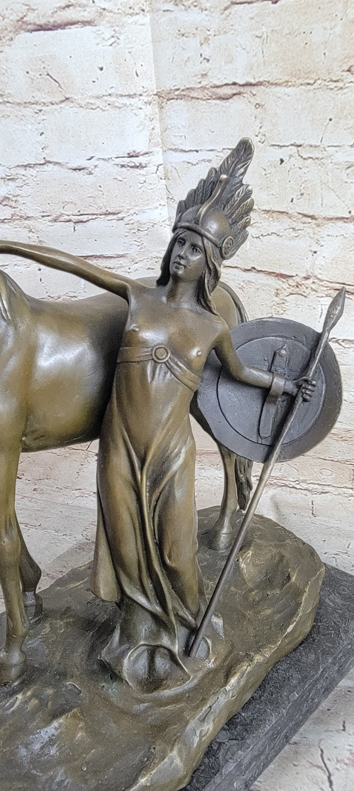 Handcrafted Art Nouveau Amazon Warrior Figurine – Erotic Queen Sculpture on Marble Base