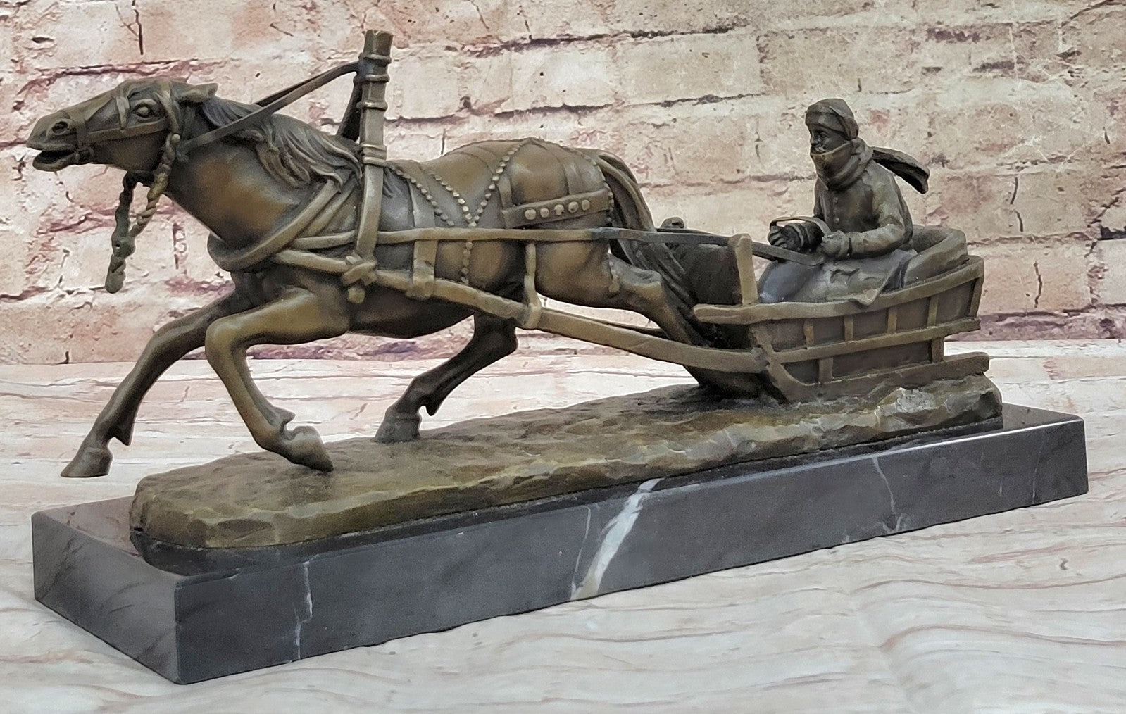 Handcrafted Detailed Horse Pulling a Sleigh Bronze Sculpture Statue Figurine