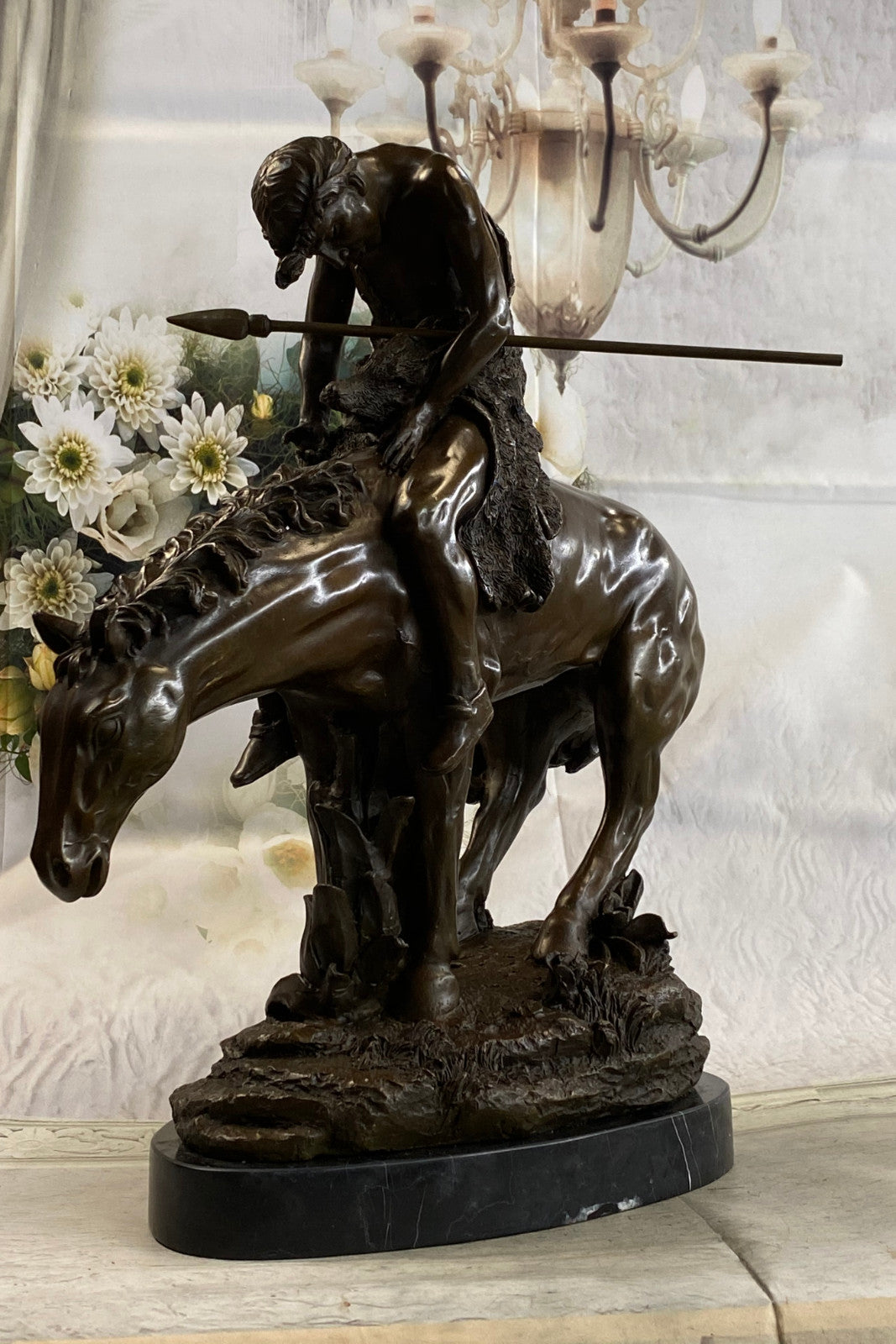 Signed Original Native American Indian Riding Horse Bronze Sculpture Statue