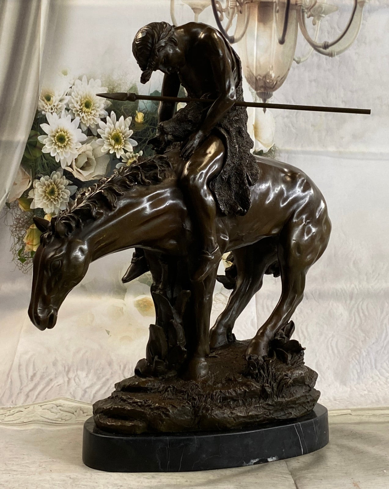 Signed Original Native American Indian Riding Horse Bronze Sculpture Statue