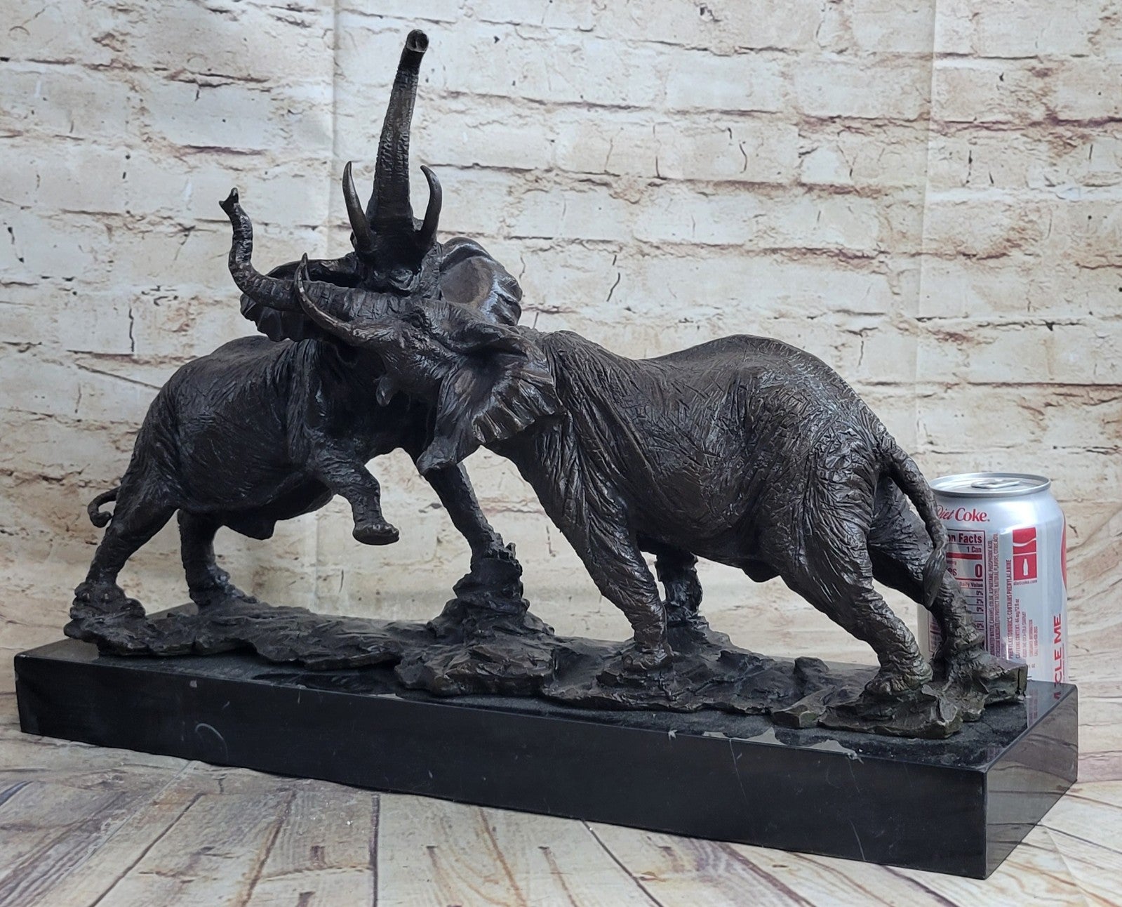 Elephants in Battle Bronze Sculpture Hot Cast Marble Base Figurine Wild Life Art