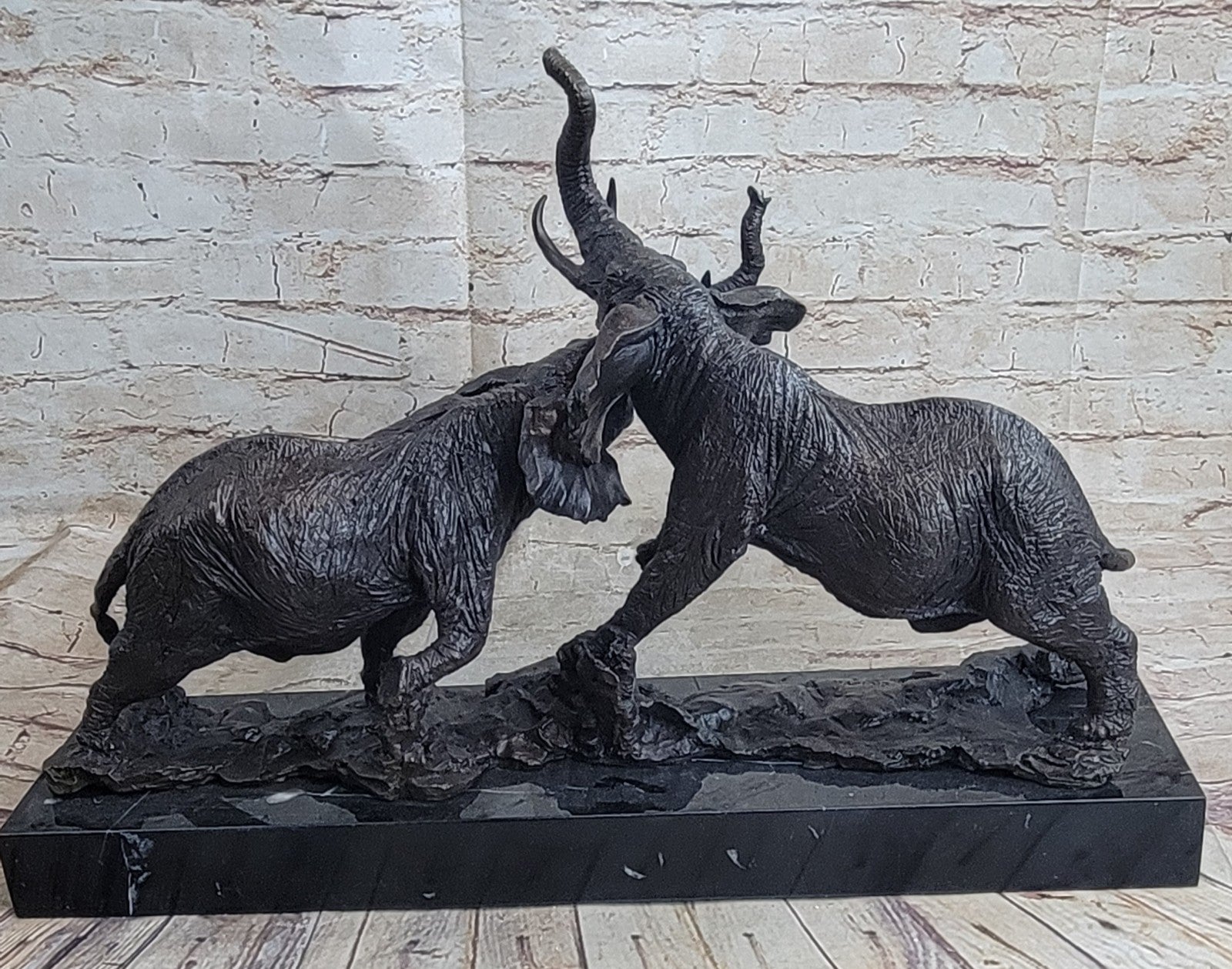 Elephants in Battle Bronze Sculpture Hot Cast Marble Base Figurine Wild Life Art