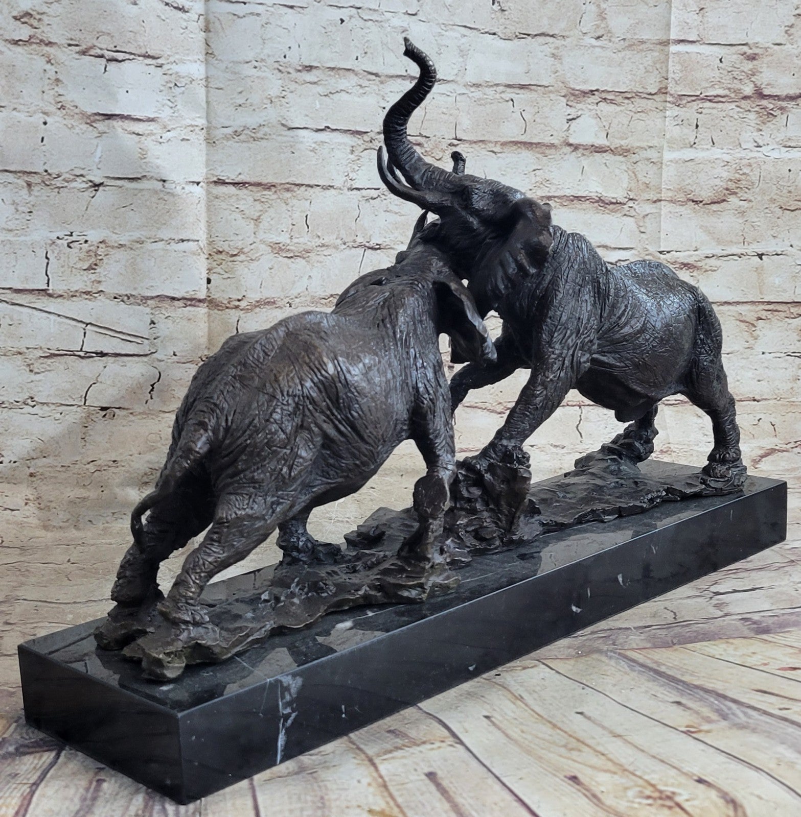 Elephants in Battle Bronze Sculpture Hot Cast Marble Base Figurine Wild Life Art