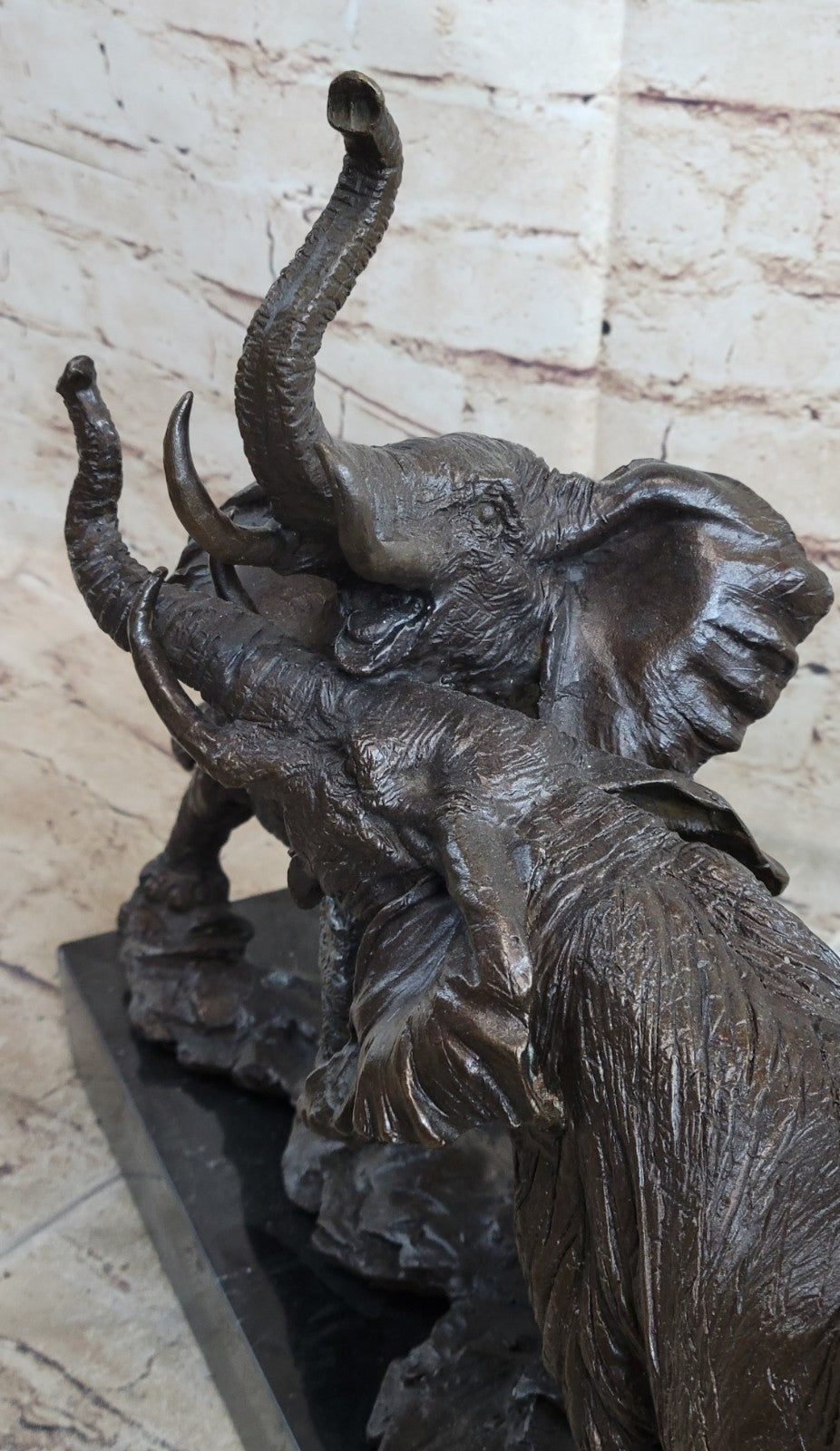 Elephants in Battle Bronze Sculpture Hot Cast Marble Base Figurine Wild Life Art