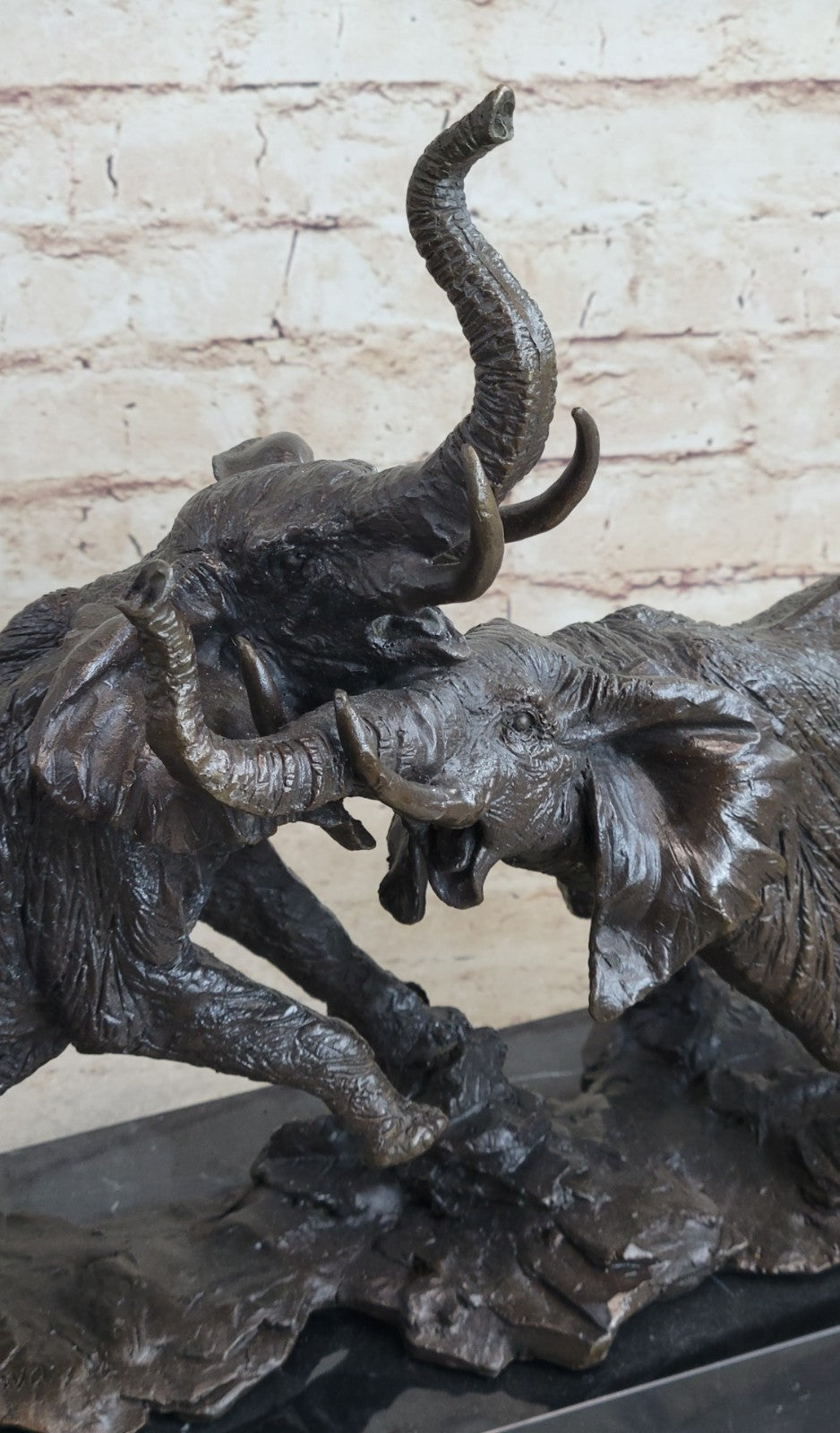 Elephants in Battle Bronze Sculpture Hot Cast Marble Base Figurine Wild Life Art