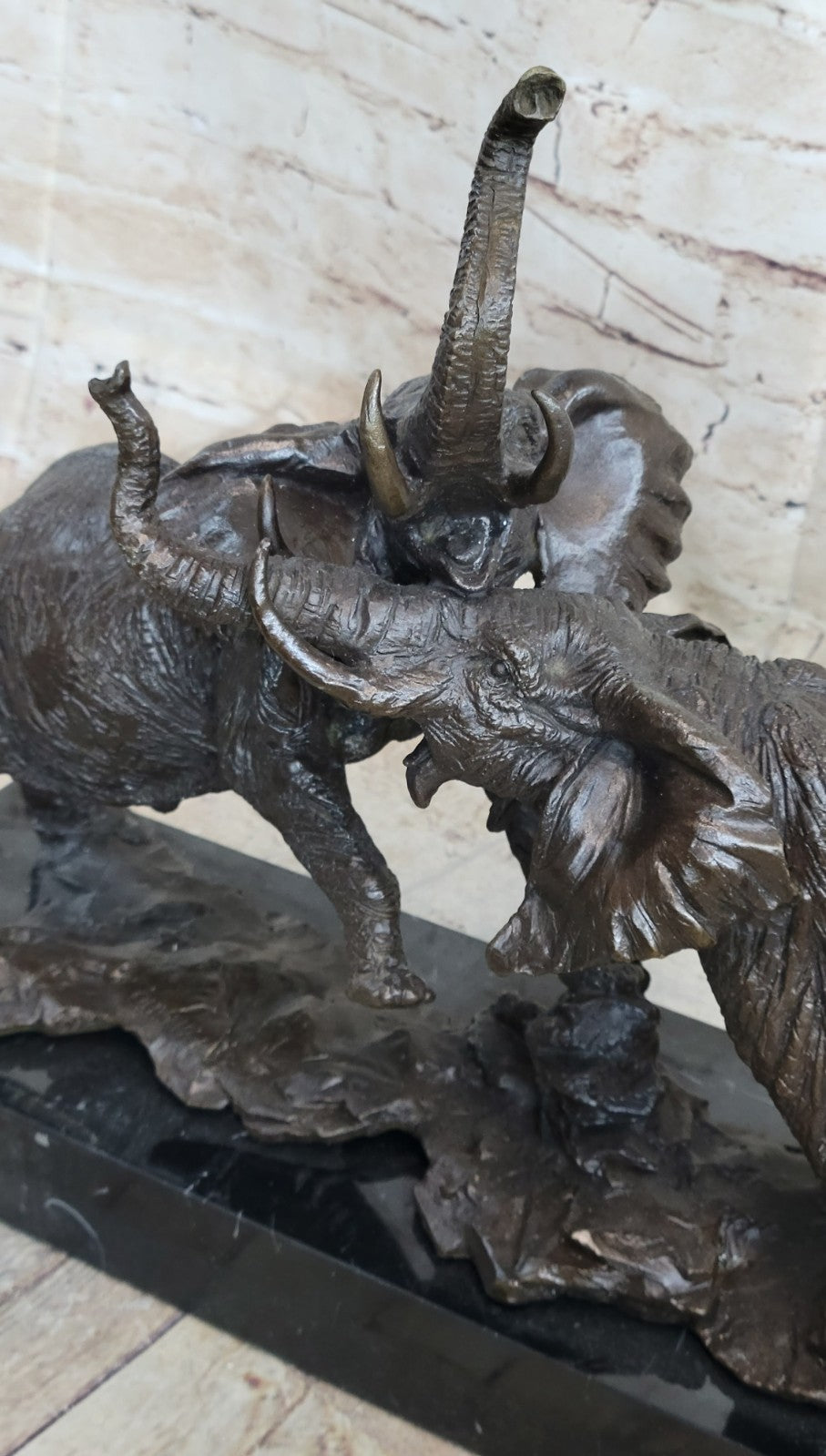 Elephants in Battle Bronze Sculpture Hot Cast Marble Base Figurine Wild Life Art