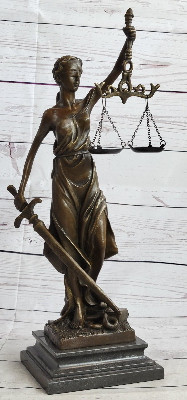 Real Bronze Metal Statue with Marble Lady Blind Justice Scales Lawyer Sale