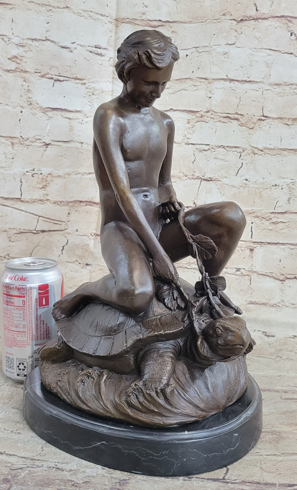 Handcrafted Collectible Nude Boy with Turtle Bronze Sculpture Marble Figurine