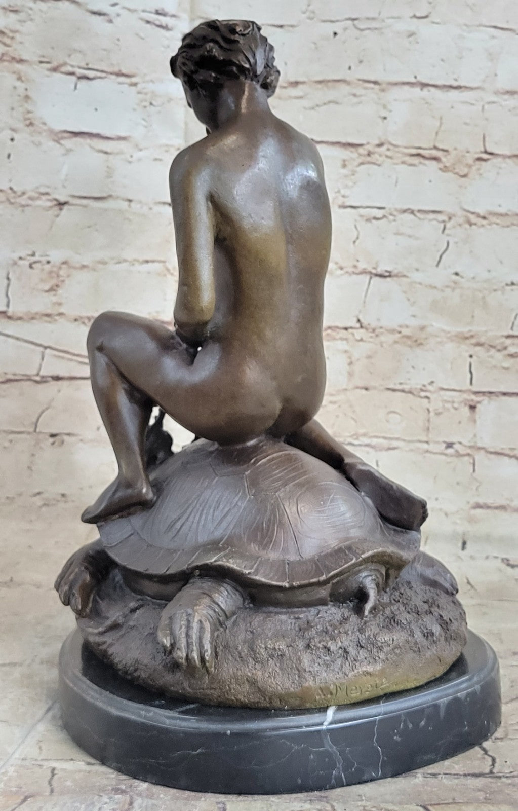 Handcrafted Collectible Nude Boy with Turtle Bronze Sculpture Marble Figurine