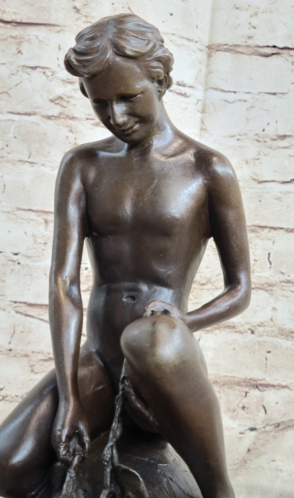 Handcrafted Collectible Nude Boy with Turtle Bronze Sculpture Marble Figurine