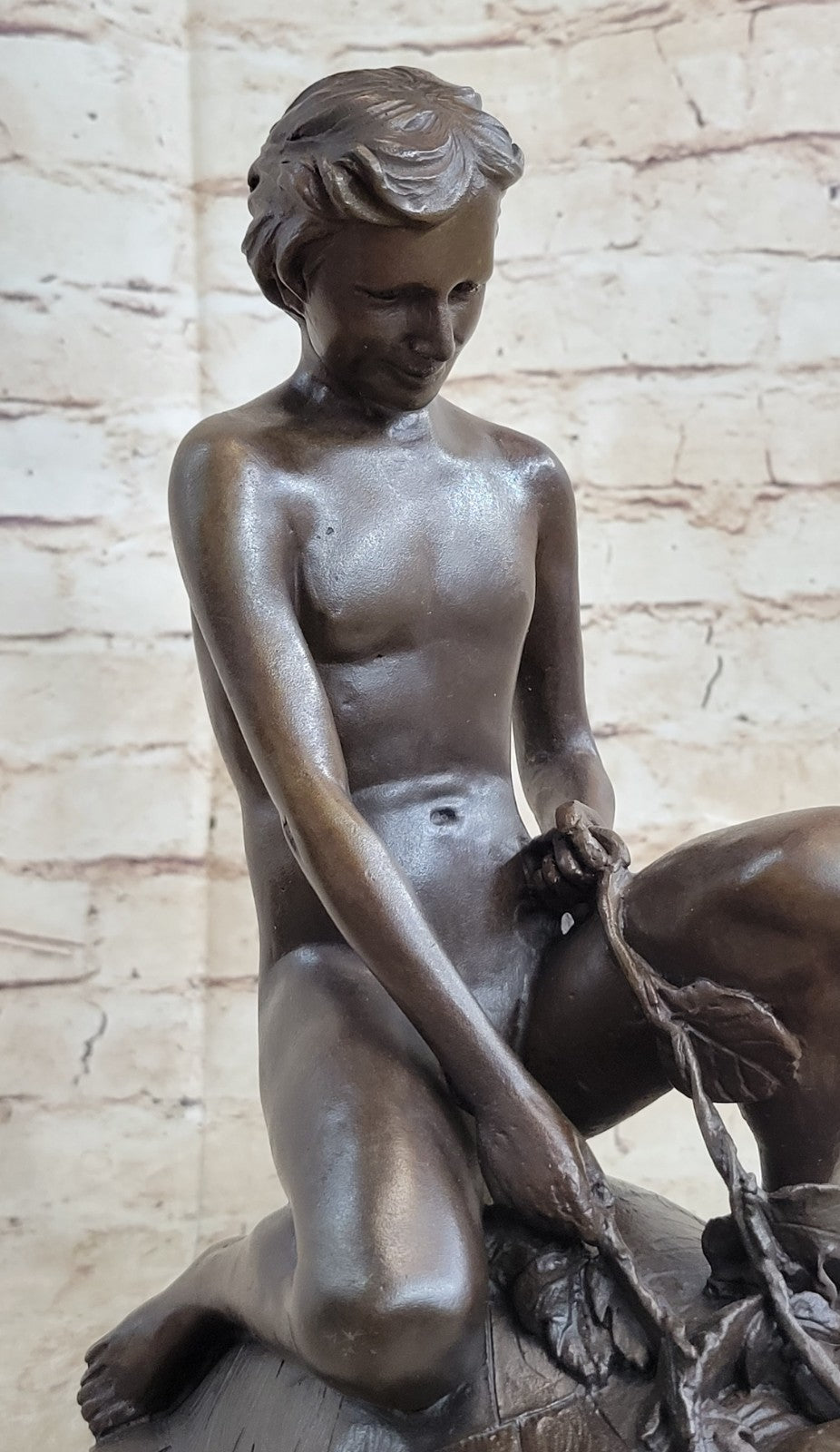 Handcrafted Collectible Nude Boy with Turtle Bronze Sculpture Marble Figurine