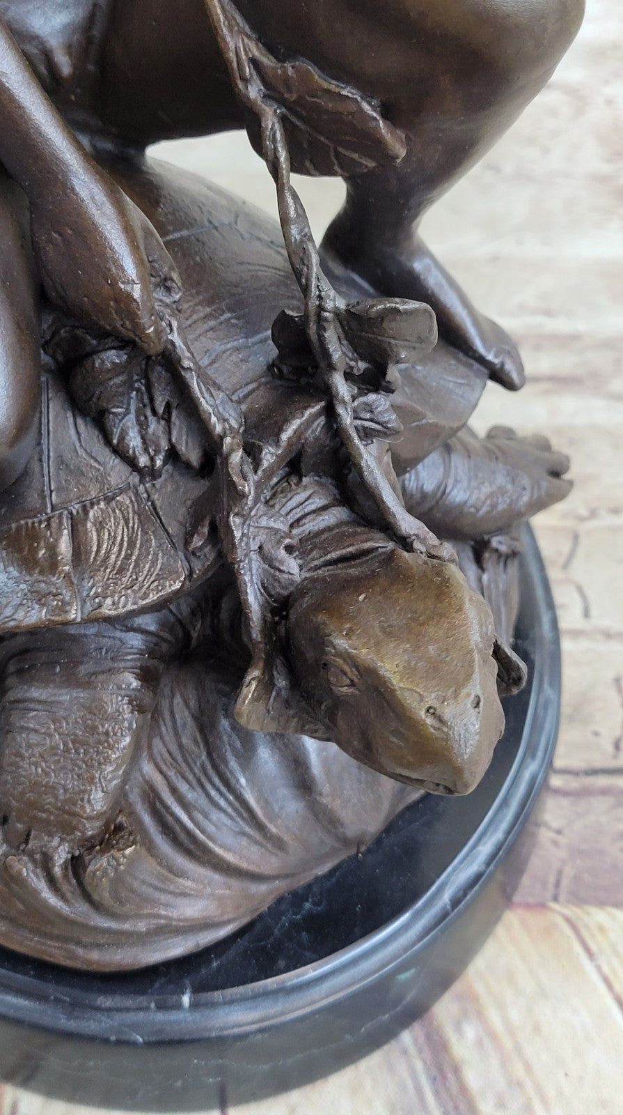 Handcrafted Collectible Nude Boy with Turtle Bronze Sculpture Marble Figurine