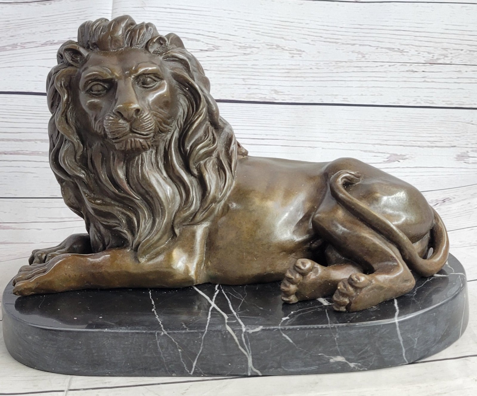 Art Deco Handcrafted Wildlife African Lion Bronze Sculpture Marble Base Figurine