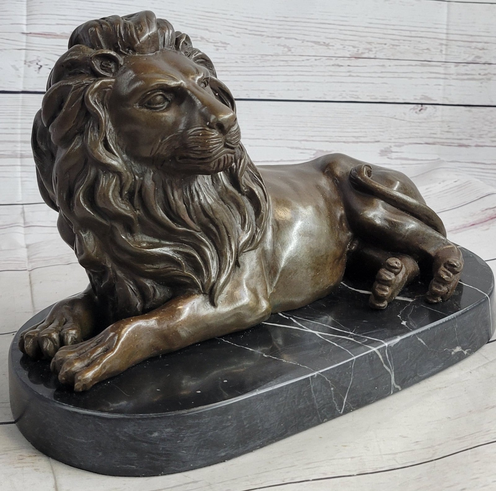 Art Deco Handcrafted Wildlife African Lion Bronze Sculpture Marble Base Figurine