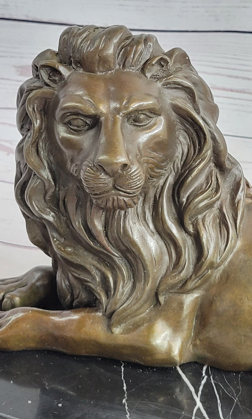 Art Deco Handcrafted Wildlife African Lion Bronze Sculpture Marble Base Figurine