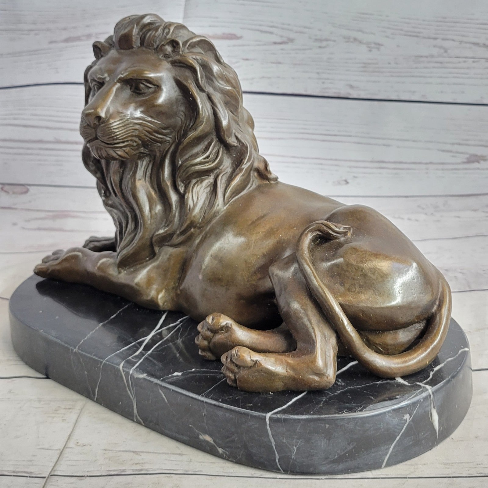 Art Deco Handcrafted Wildlife African Lion Bronze Sculpture Marble Base Figurine