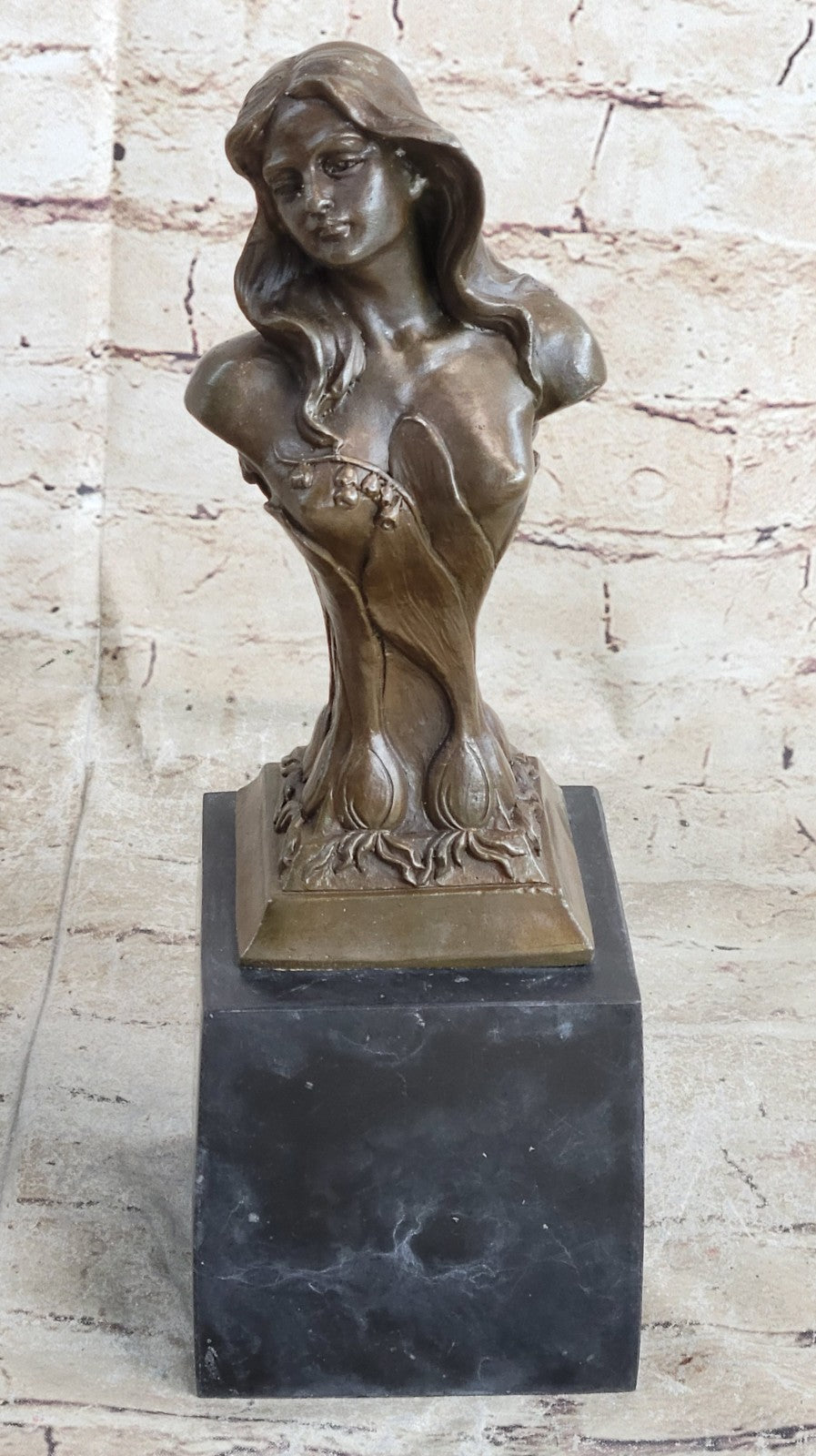 Elegant Female Portrait Bust Classic Beauty Bronze Marble Statue Partner Deco